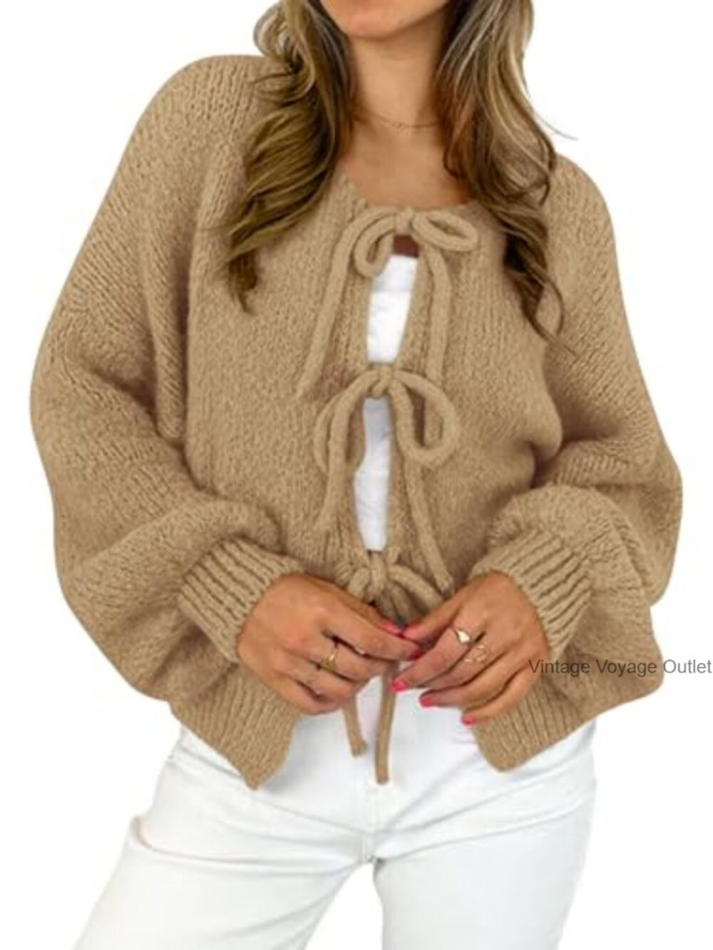 Oversized Bow Tie Front Chunky Knit Cardigan Sweater Women Fall Winter